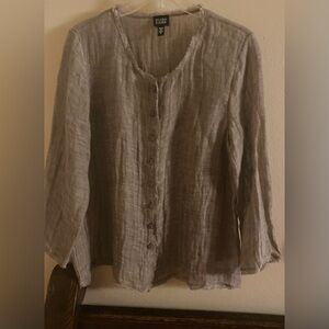 Eileen Fisher 100% Linen Guaze Raw Edge Button down gray Top